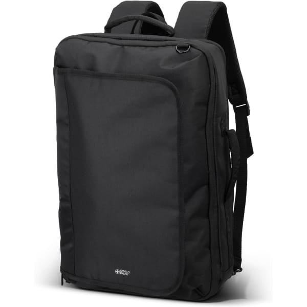 A black convertible travel backpack with adjustable straps and a front pocket, featuring a logo.