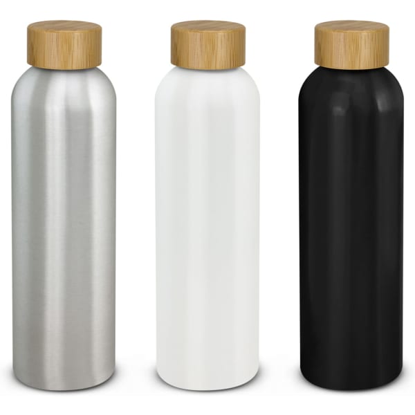 A drink bottle set featuring three aluminium bottles in silver, white, and black, each with a bamboo lid.
