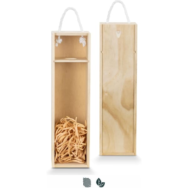 A tall wooden gift box with a rope handle, filled with shredded wood filler, in a natural finish.