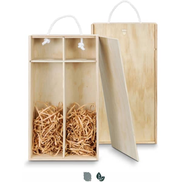 A wooden wine gift box with a natural finish, featuring two compartments and decorative straw filling inside.