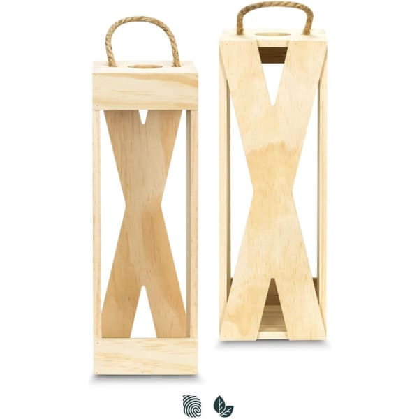 A wooden wine crate with a natural finish, featuring a rope handle and an open design. It has a minimalist style.