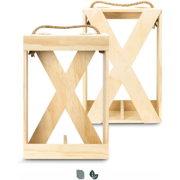 A wooden wine crate in natural finish, featuring a rope handle and an X-shaped design. Ideal for home storage.