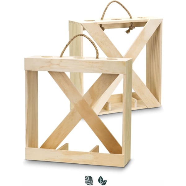 A wooden wine crate in natural colour, featuring two compartments and a handle made of rope. Includes branding.