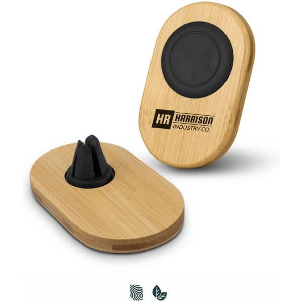 Bamboo car phone holder in a natural finish with a black silicone grip and a logo. Features a sleek, oval shape.