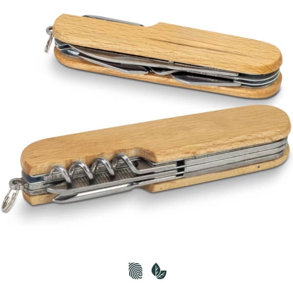 A wooden pocket knife featuring stainless steel tools, including a corkscrew, with a keyring attachment.