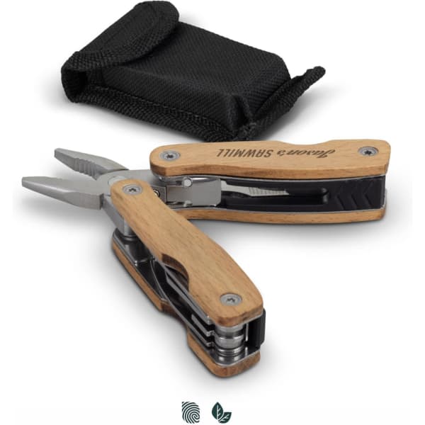 A wooden multi-tool with pliers and various functions, featuring a black pouch for storage.