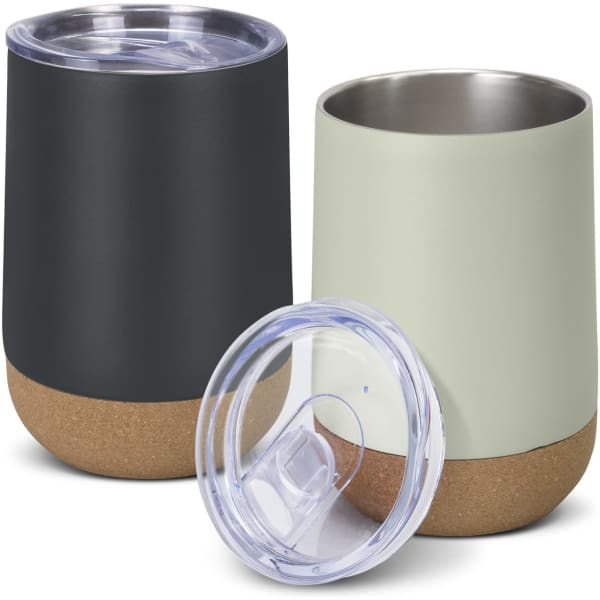 A drink bottle set featuring a dark grey and a light green cup with cork bottoms and clear lids.