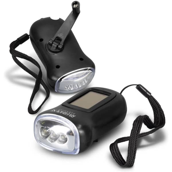 A black Dynamo Solar Torch with a pull-out handle and a wrist strap, featuring two bright LED lights.