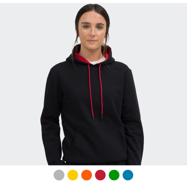 A unisex hoodie in black with a contrasting red hood and drawstrings, featuring a front pocket and logo.