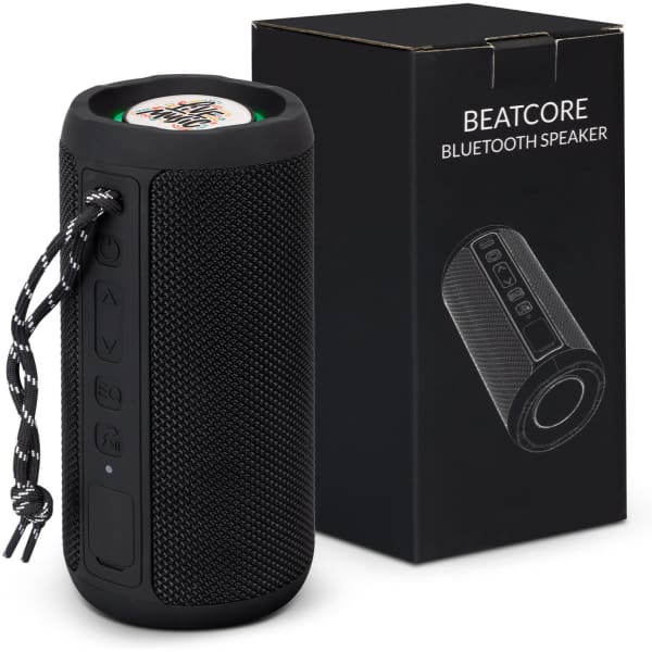 A black Bluetooth speaker with a textured surface, accompanied by a black packaging box featuring a logo.