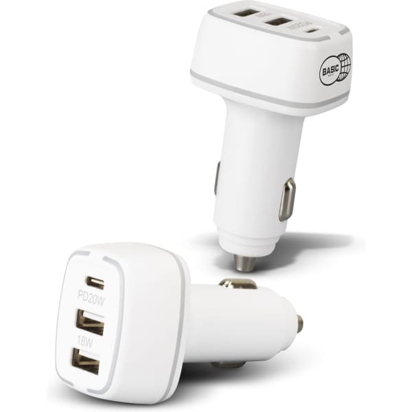 A white USB car charger with two ports, featuring a logo on one side and multiple USB outputs visible.