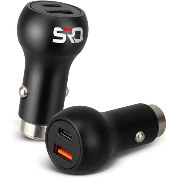 A black USB car charger featuring two ports. The design includes a logo and a rounded shape for easy handling.