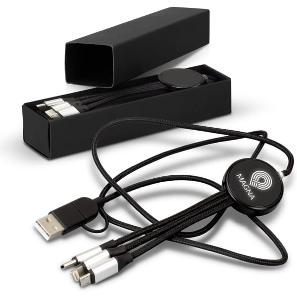 A black braided charging cable with multiple connectors and a round branding disc, presented in a black rectangular box.