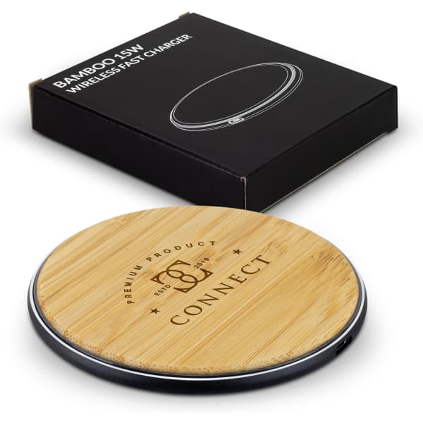 A bamboo wireless fast charger with a sleek circular design and a black packaging box featuring branding.
