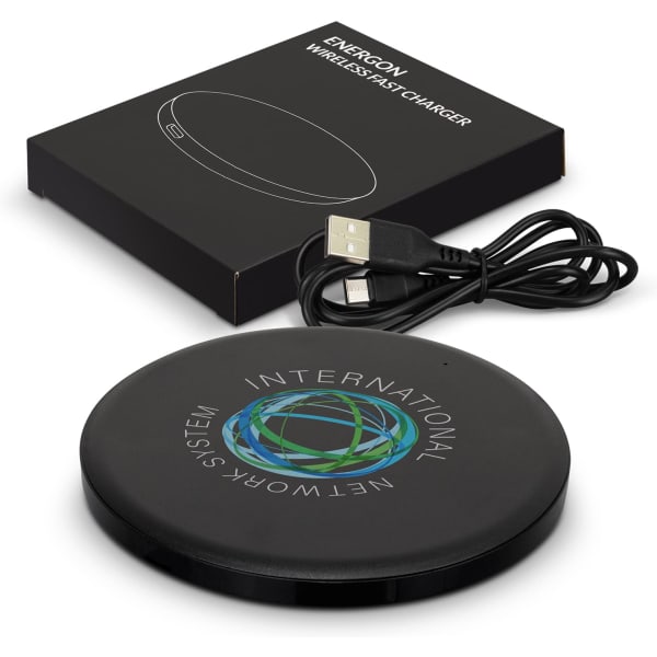 A black wireless charger with a circular design, accompanied by a USB cable and a branded packaging box.