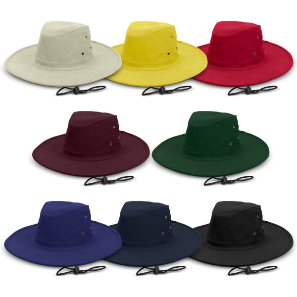A wide brim hat collection in yellow, red, khaki, dark green, burgundy, navy, and black, featuring eyelets and a strap.