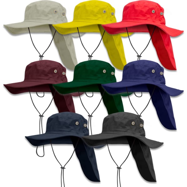 A selection of Legionnaire wide brim hats in grey, yellow, red, green, burgundy, navy, and black, featuring a logo.