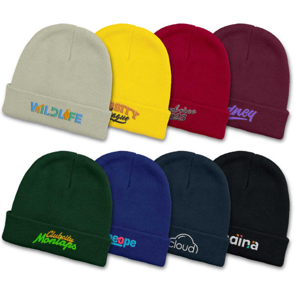 A collection of eight beanies in various colours including yellow, green, red, blue, and burgundy, featuring logos.