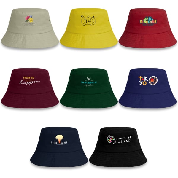 A collection of bucket hats in various colours including beige, yellow, red, navy, maroon, and black, each featuring different logos.