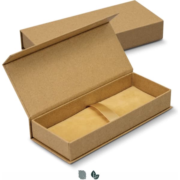 A kraft gift box in natural brown, featuring a hinged lid and a soft inner lining for pen storage.