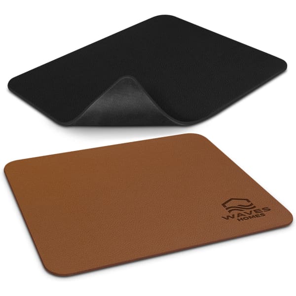 A leatherette mouse mat featuring a black textured surface on one side and a brown smooth surface on the other, with a logo.