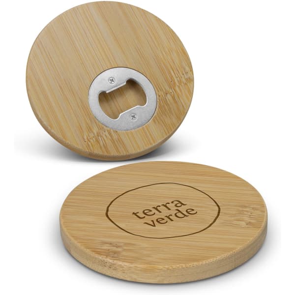A round bamboo coaster featuring a bottle opener, with a natural wood finish and a logo engraved on the surface.