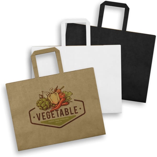 Large flat handle paper bags in black, white, and brown, featuring a vegetable graphic on the brown bag.