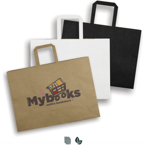 Three extra large flat handle paper bags in brown, white, and black, featuring a logo on the brown bag.