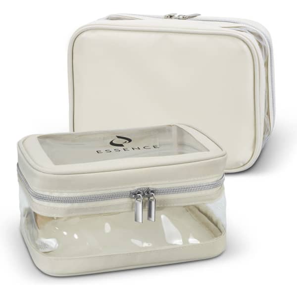 A cream-coloured cosmetic bag with a transparent front and silver zippers. It features a logo on the surface.