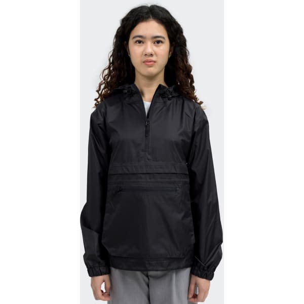 A black women's windbreaker jacket featuring a hood and a front pocket, with a logo on the chest.