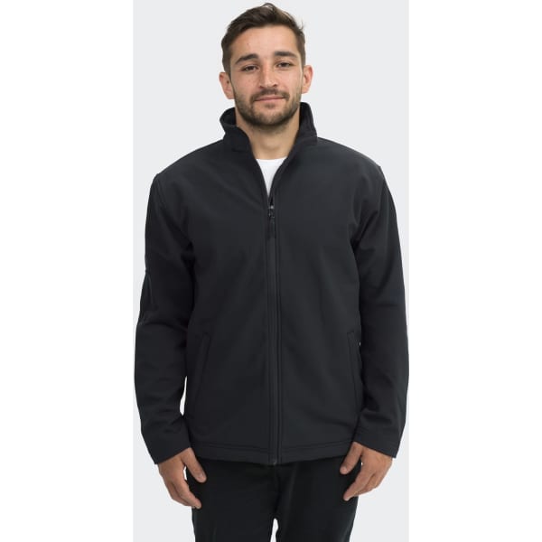 A black unisex soft shell jacket worn by a model, featuring a front zipper and a standing collar.