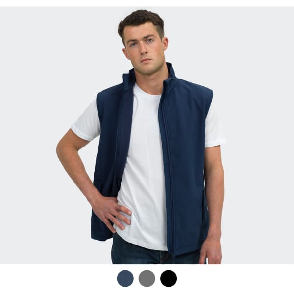 A navy blue men's vest with a zip-up front and a logo, styled over a white t-shirt.