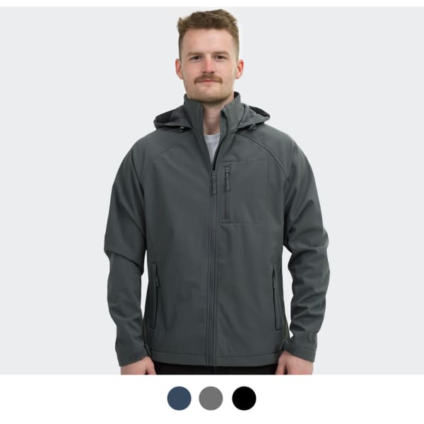 A man wearing a grey soft shell jacket with a hood, featuring a logo.