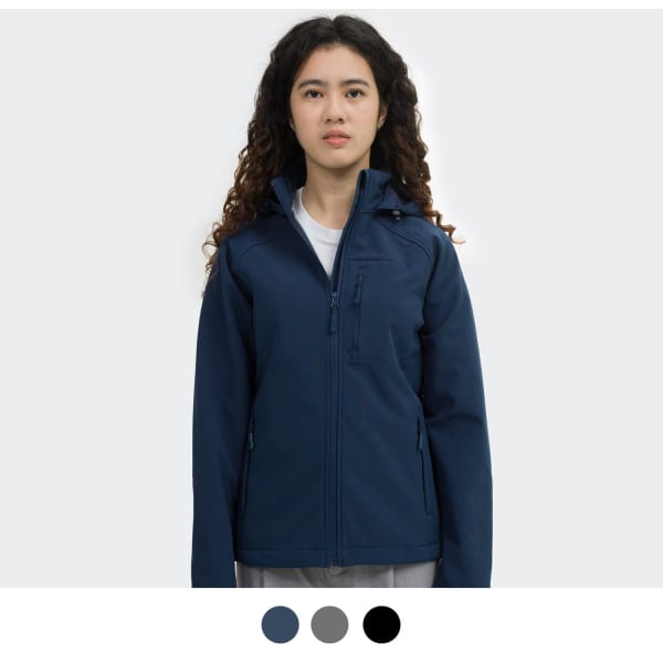 A woman models a navy soft shell jacket with a zip, featuring a hood and a logo. Available in three colours.