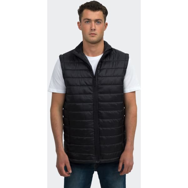 A unisex black puffer vest with a zip front, featuring a hood and side pockets, modelled by a male model.