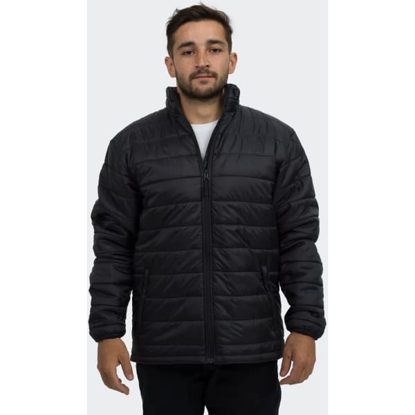 A man wearing a black puffer jacket with a zip and stand-up collar, featuring a logo on the sleeve.