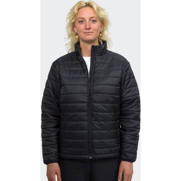 A women's black puffer jacket with a front zipper and a high collar, featuring a branding logo.