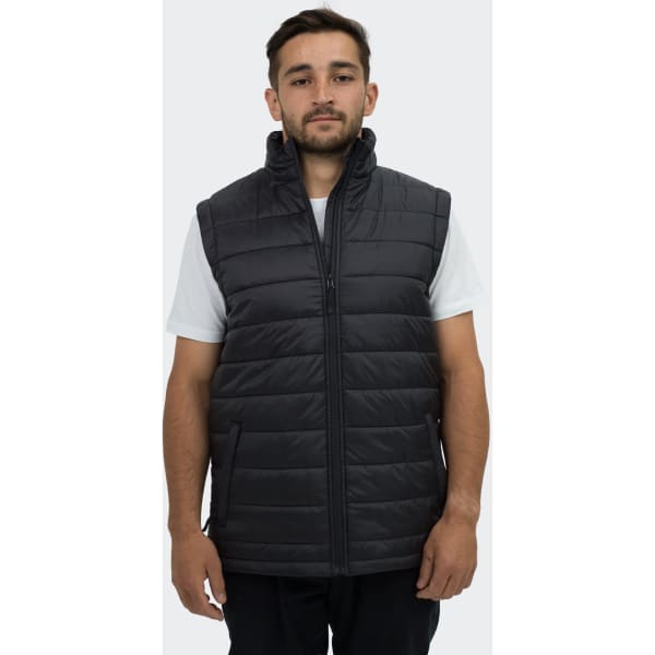 A man wearing a black puffer vest with a high collar and zippered front, featuring side pockets.