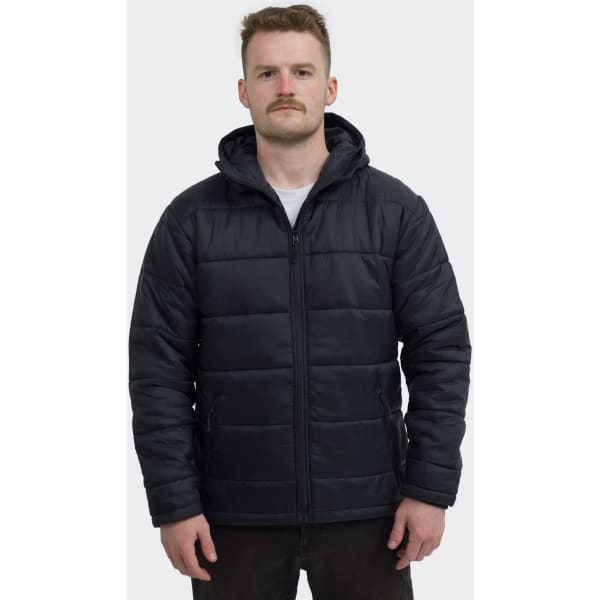 A man wearing a black Milford men's puffer jacket with a hood, featuring a zip front and a logo on the chest.