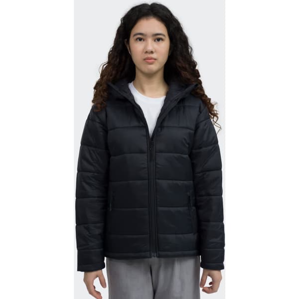 A puffer jacket in black, featuring a zip-up front and a hood, worn by a model against a neutral background.
