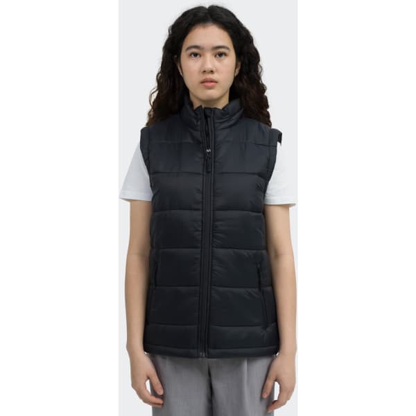 A black women's puffer vest with a zip front, featuring a branding logo and a high collar.