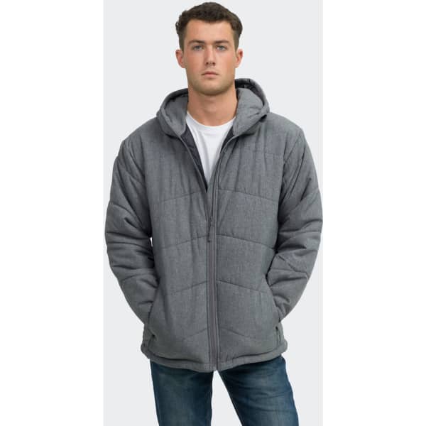 A grey puffer jacket with a hood, featuring a zip front and side pockets, worn by a model.
