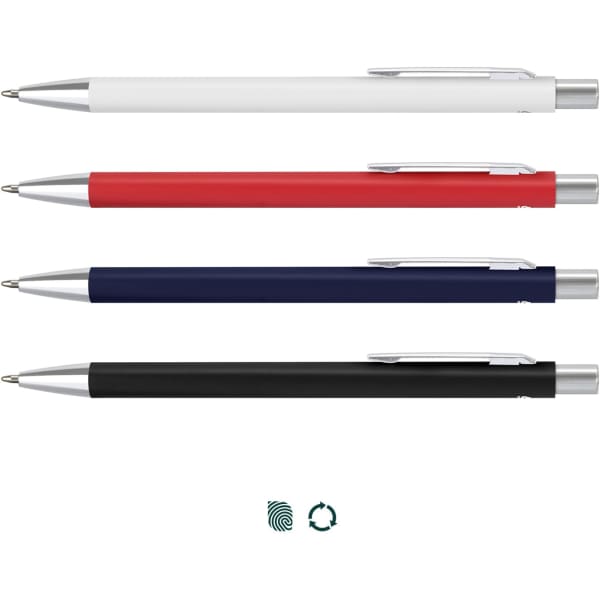 A set of four metal pens in white, red, navy, and black, each featuring a silver clip and branding.