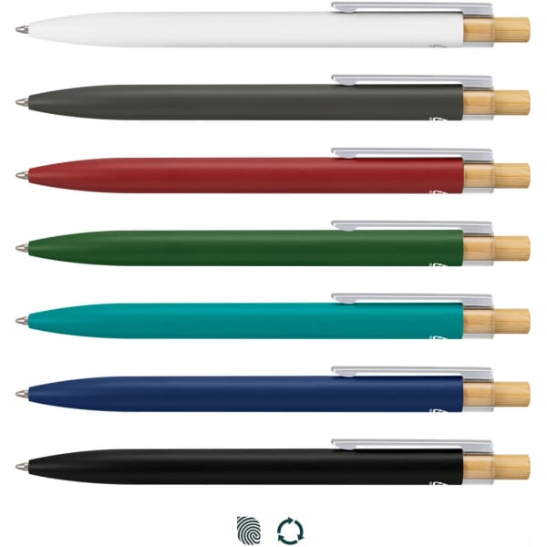 A selection of metal pens in white, black, green, blue, red, and teal, featuring wooden accents and a logo.