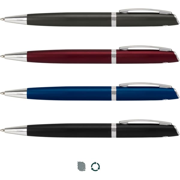 A set of four metal pens in black, burgundy, blue, and sleek black, each featuring a silver accent and clip.