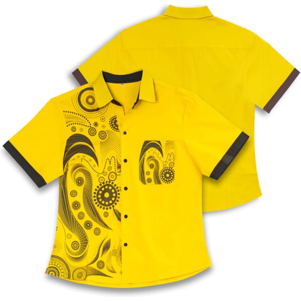 A bright yellow women's shirt with a patterned design on the front and black accents on the sleeves and collar.