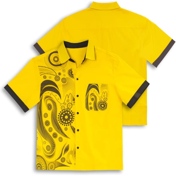 A bright yellow button-up shirt featuring a black patterned design on one side and contrasting black trim.
