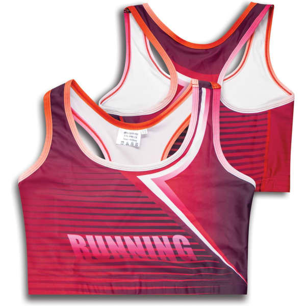 A custom women's athletics crop top in pink and purple with a stylish design and logo.