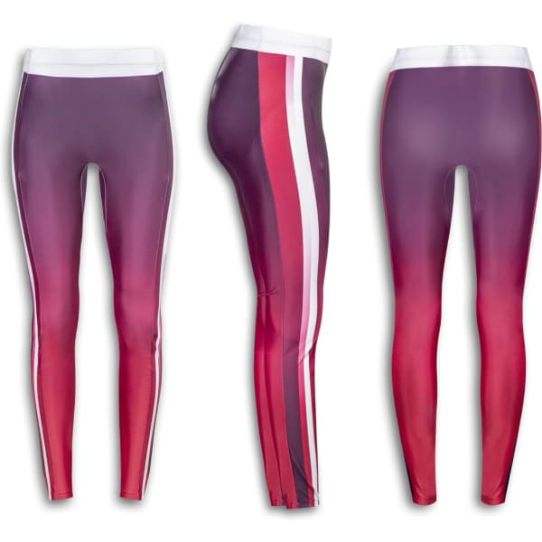 Custom women's athletic leggings featuring a gradient design with shades of purple and pink, and a white waistband.