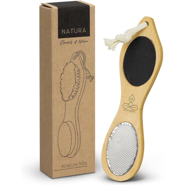 A NATURA pedicure tool made of bamboo, featuring a textured surface and a rope loop, displayed with its packaging.